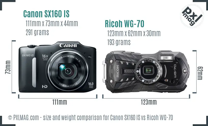 Canon SX160 IS vs Ricoh WG-70 size comparison