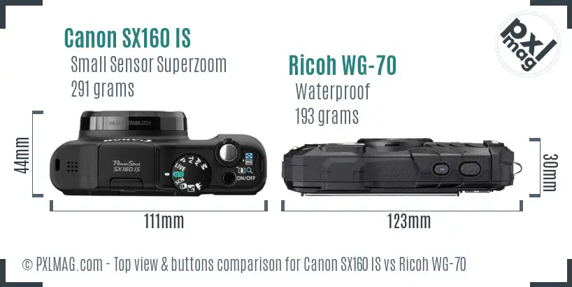 Canon SX160 IS vs Ricoh WG-70 top view buttons comparison