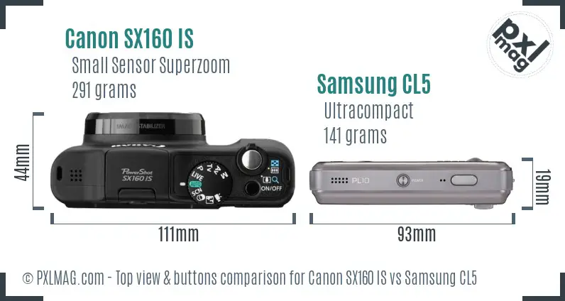 Canon SX160 IS vs Samsung CL5 top view buttons comparison Canon SX160 IS vs Samsung CL5 top view buttons comparison