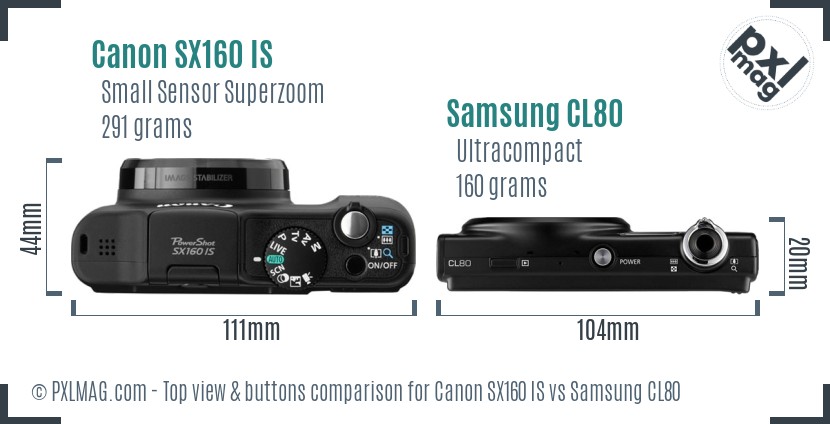 Canon SX160 IS vs Samsung CL80 top view buttons comparison