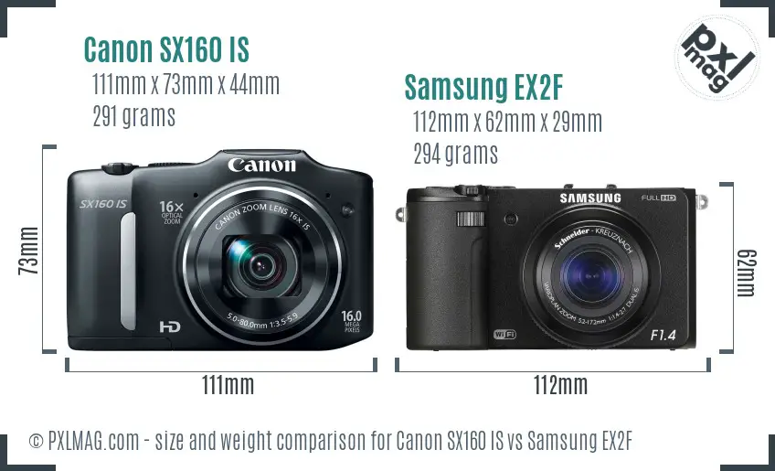 Canon SX160 IS vs Samsung EX2F size comparison