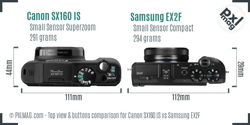 Canon SX160 IS vs Samsung EX2F top view buttons comparison