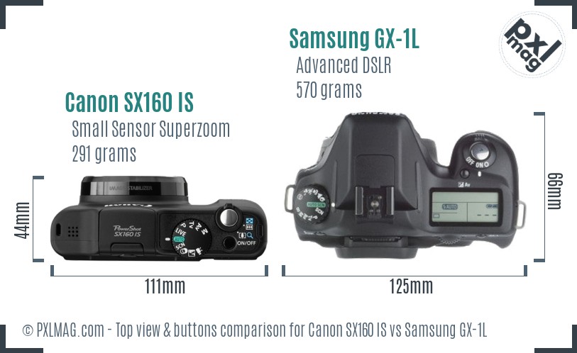 Canon SX160 IS vs Samsung GX-1L top view buttons comparison
