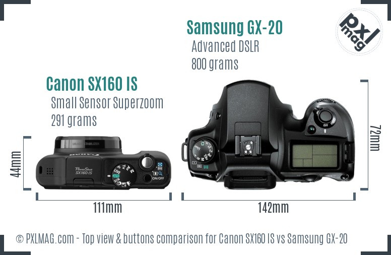 Canon SX160 IS vs Samsung GX-20 top view buttons comparison