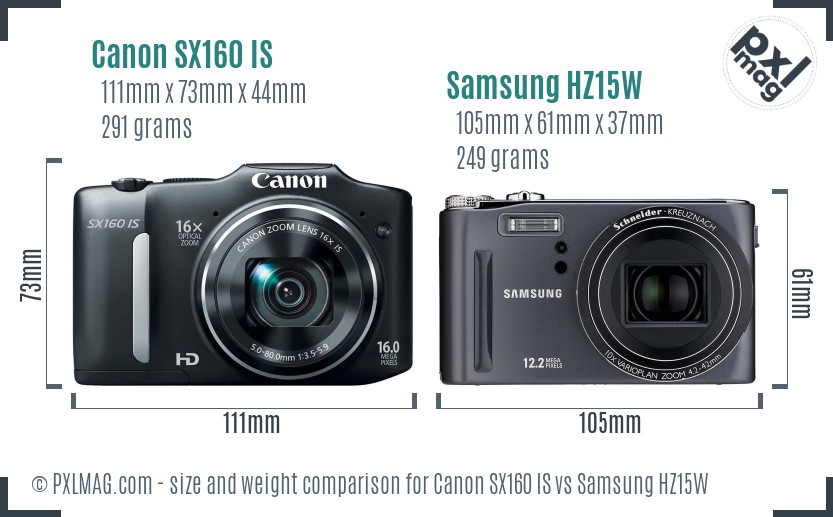Canon SX160 IS vs Samsung HZ15W size comparison