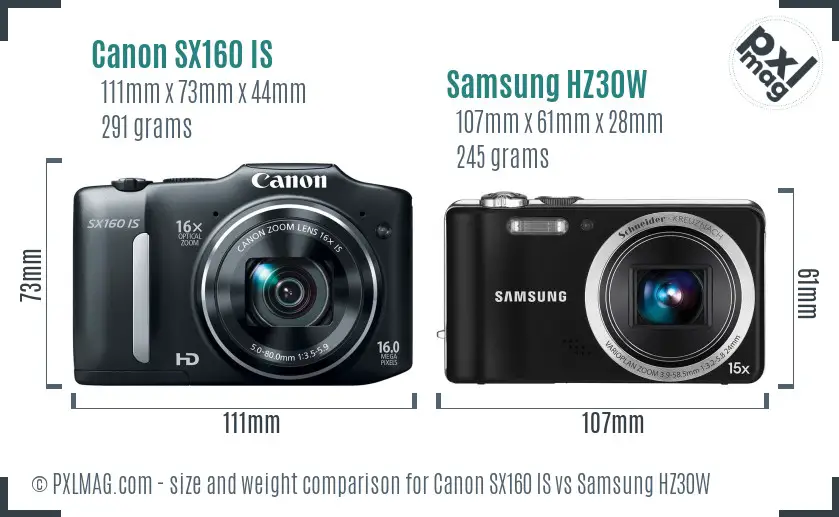 Canon SX160 IS vs Samsung HZ30W size comparison