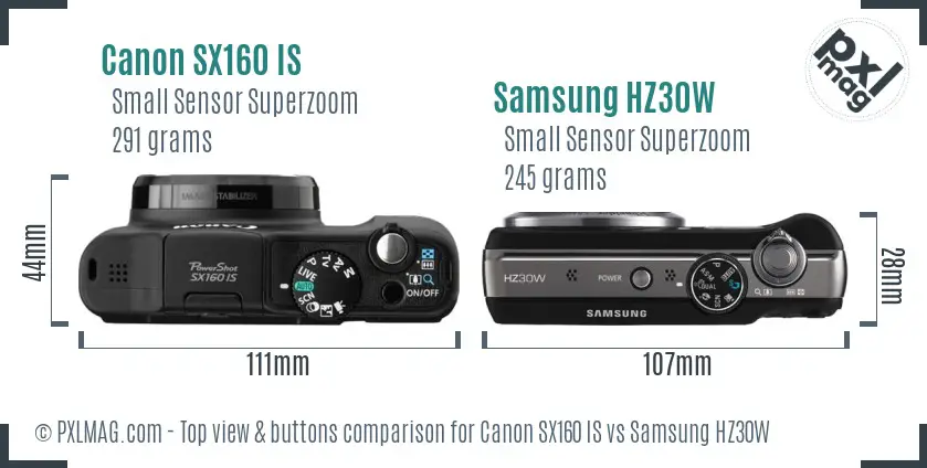 Canon SX160 IS vs Samsung HZ30W top view buttons comparison