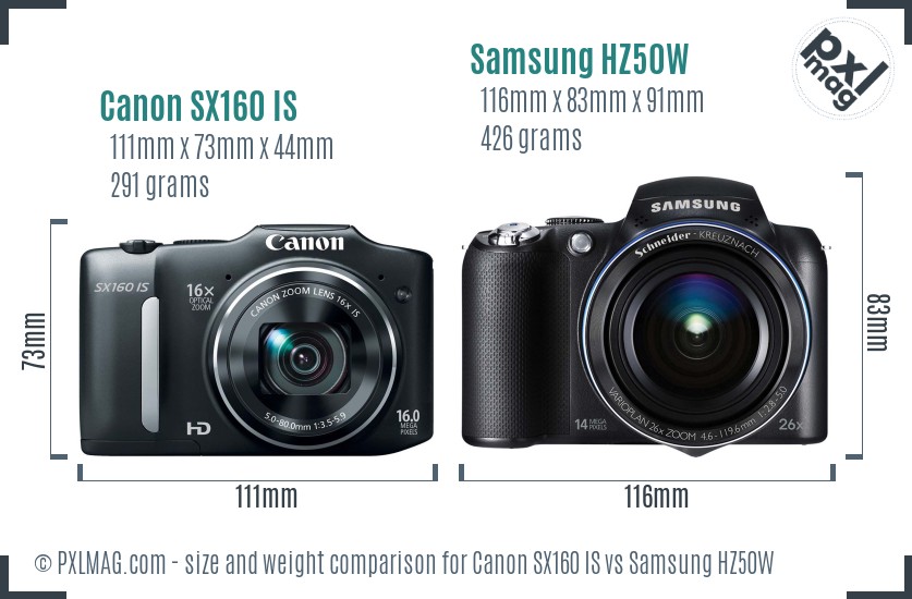 Canon SX160 IS vs Samsung HZ50W size comparison