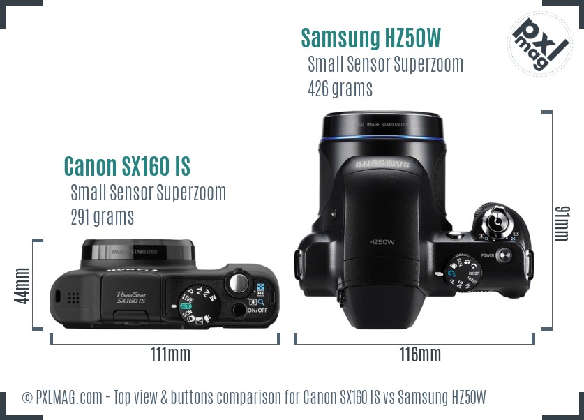 Canon SX160 IS vs Samsung HZ50W top view buttons comparison