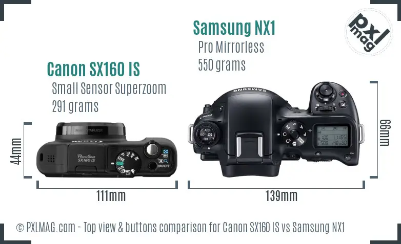 Canon SX160 IS vs Samsung NX1 top view buttons comparison Canon SX160 IS vs Samsung NX1 top view buttons comparison
