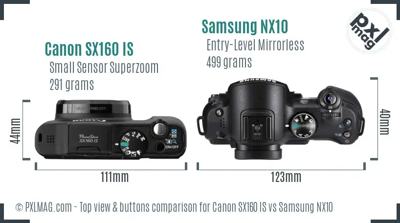 Canon SX160 IS vs Samsung NX10 top view buttons comparison Canon SX160 IS vs Samsung NX10 top view buttons comparison