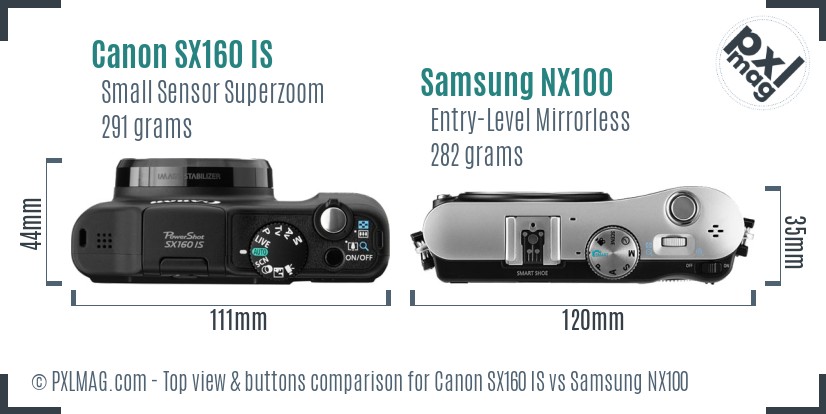 Canon SX160 IS vs Samsung NX100 top view buttons comparison
