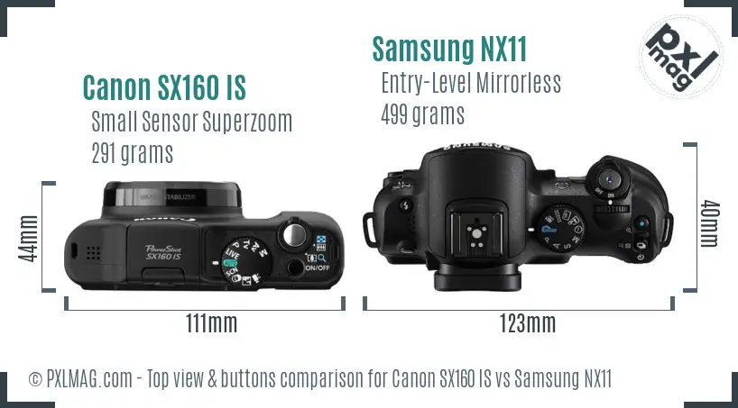 Canon SX160 IS vs Samsung NX11 top view buttons comparison