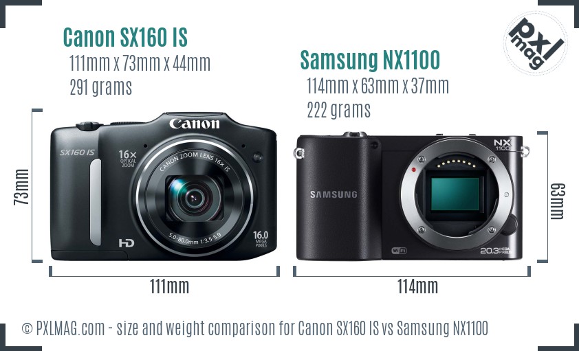 Canon SX160 IS vs Samsung NX1100 size comparison
