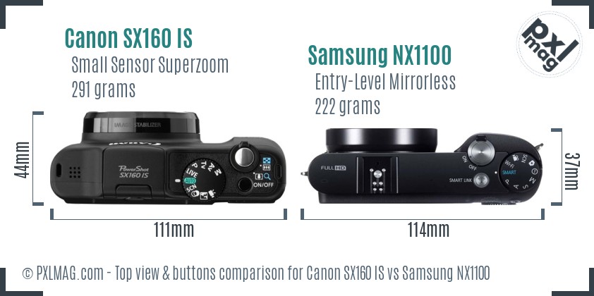 Canon SX160 IS vs Samsung NX1100 top view buttons comparison