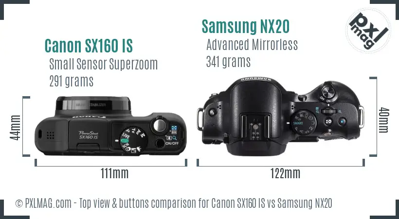 Canon SX160 IS vs Samsung NX20 top view buttons comparison