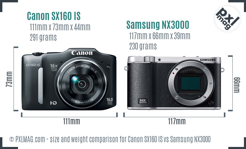 Canon SX160 IS vs Samsung NX3000 size comparison