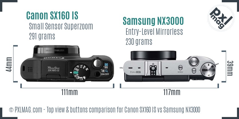 Canon SX160 IS vs Samsung NX3000 top view buttons comparison
