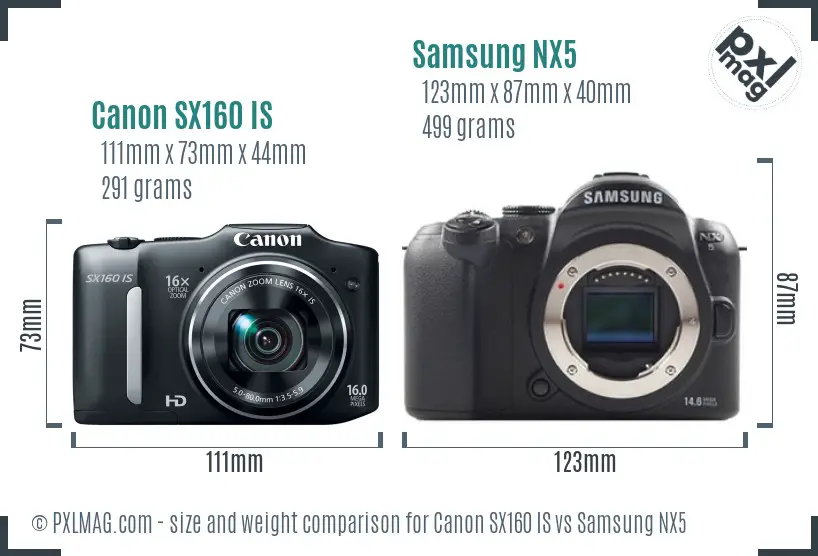 Canon SX160 IS vs Samsung NX5 size comparison