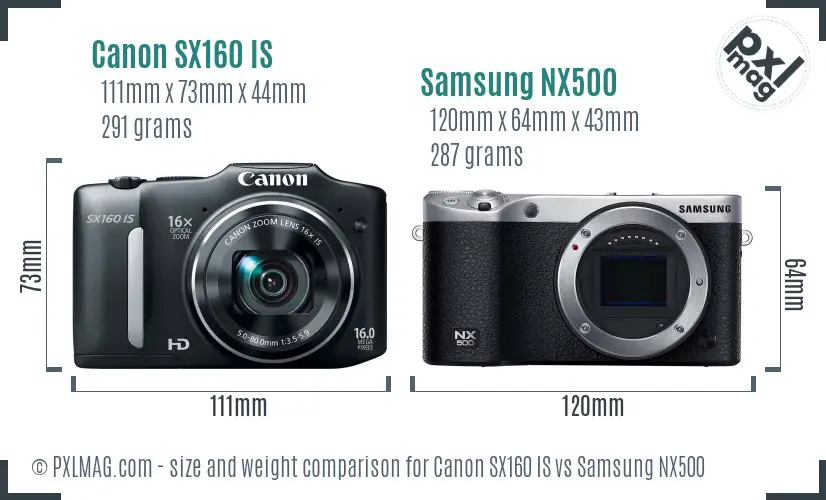 Canon SX160 IS vs Samsung NX500 size comparison