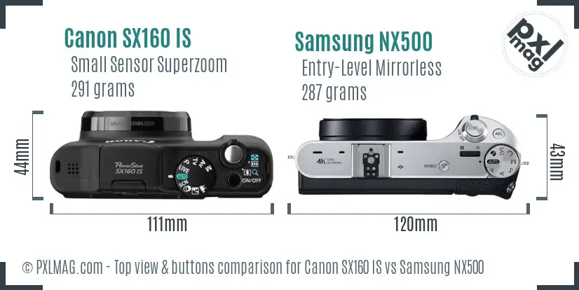 Canon SX160 IS vs Samsung NX500 top view buttons comparison