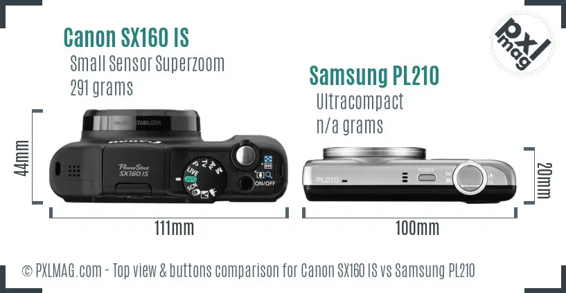 Canon SX160 IS vs Samsung PL210 top view buttons comparison Canon SX160 IS vs Samsung PL210 top view buttons comparison