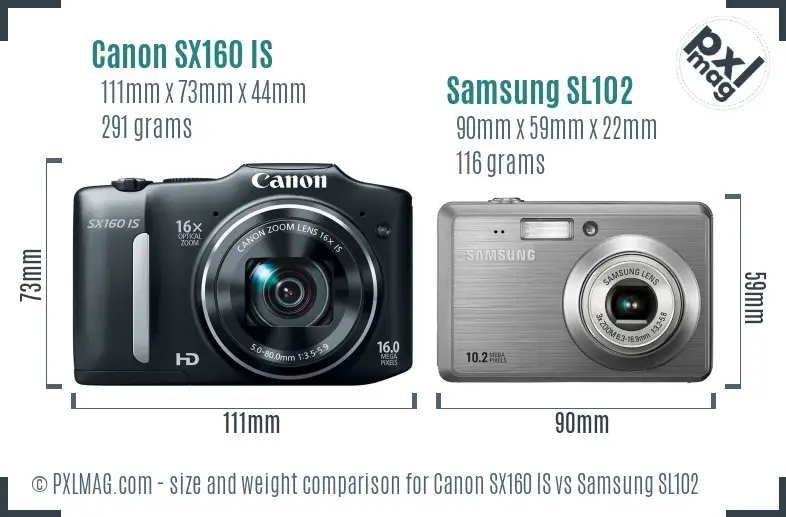 Canon SX160 IS vs Samsung SL102 size comparison