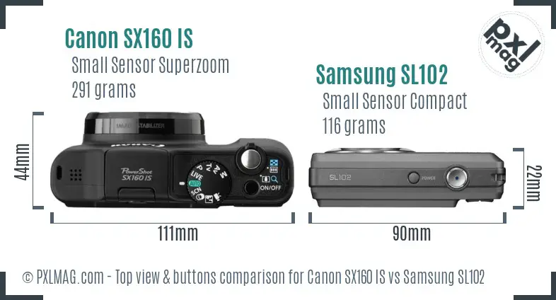 Canon SX160 IS vs Samsung SL102 top view buttons comparison