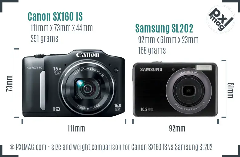 Canon SX160 IS vs Samsung SL202 size comparison