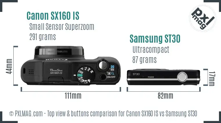 Canon SX160 IS vs Samsung ST30 top view buttons comparison