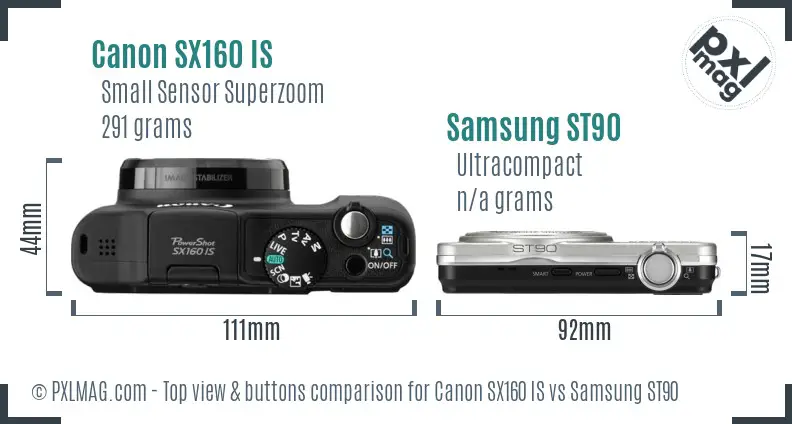 Canon SX160 IS vs Samsung ST90 top view buttons comparison Canon SX160 IS vs Samsung ST90 top view buttons comparison