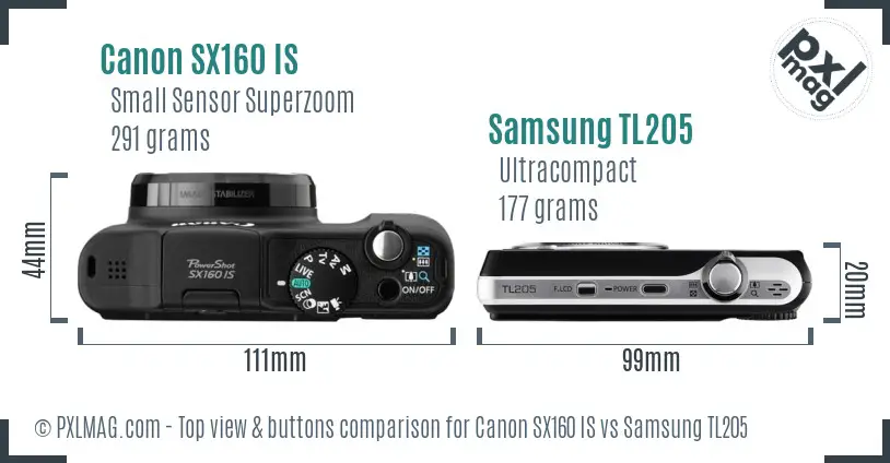 Canon SX160 IS vs Samsung TL205 top view buttons comparison Canon SX160 IS vs Samsung TL205 top view buttons comparison