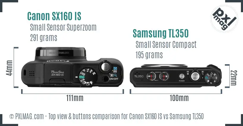 Canon SX160 IS vs Samsung TL350 top view buttons comparison Canon SX160 IS vs Samsung TL350 top view buttons comparison