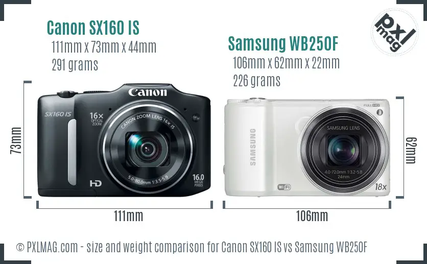 Canon SX160 IS vs Samsung WB250F size comparison