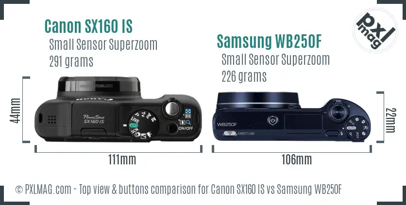 Canon SX160 IS vs Samsung WB250F top view buttons comparison