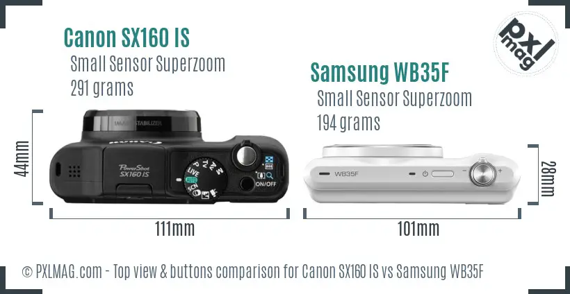 Canon SX160 IS vs Samsung WB35F top view buttons comparison Canon SX160 IS vs Samsung WB35F top view buttons comparison