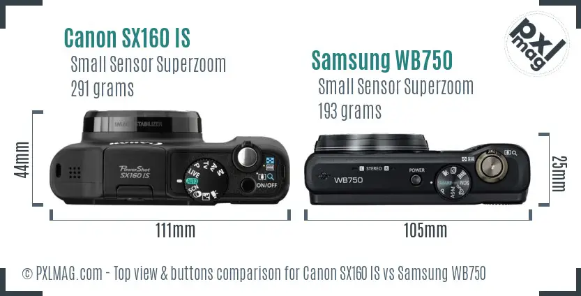 Canon SX160 IS vs Samsung WB750 top view buttons comparison Canon SX160 IS vs Samsung WB750 top view buttons comparison