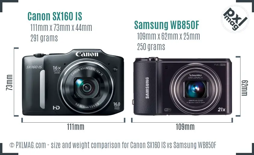 Canon SX160 IS vs Samsung WB850F size comparison
