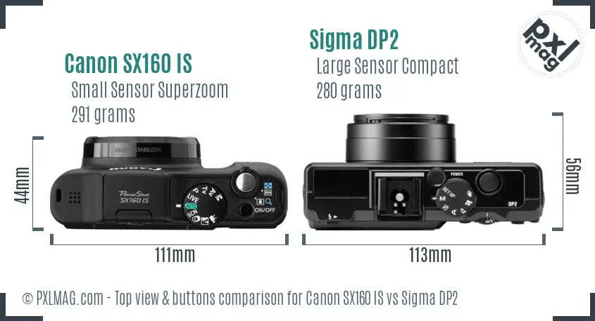 Canon SX160 IS vs Sigma DP2 top view buttons comparison