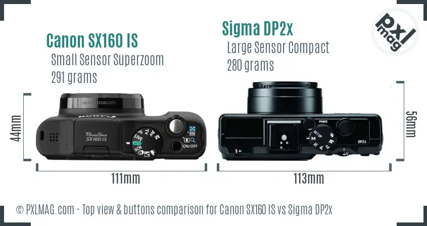 Canon SX160 IS vs Sigma DP2x top view buttons comparison Canon SX160 IS vs Sigma DP2x top view buttons comparison