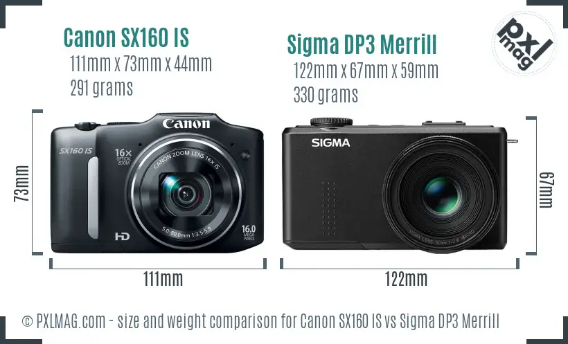 Canon SX160 IS vs Sigma DP3 Merrill size comparison