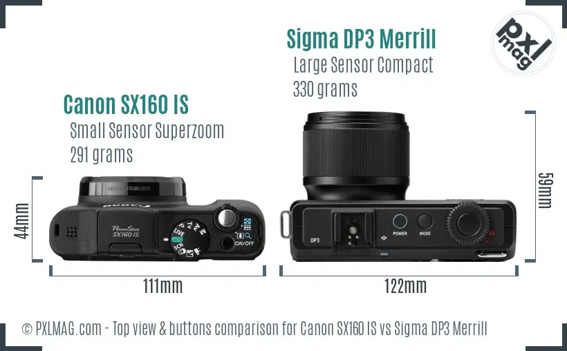 Canon SX160 IS vs Sigma DP3 Merrill top view buttons comparison