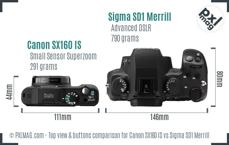 Canon SX160 IS vs Sigma SD1 Merrill top view buttons comparison Canon SX160 IS vs Sigma SD1 Merrill top view buttons comparison