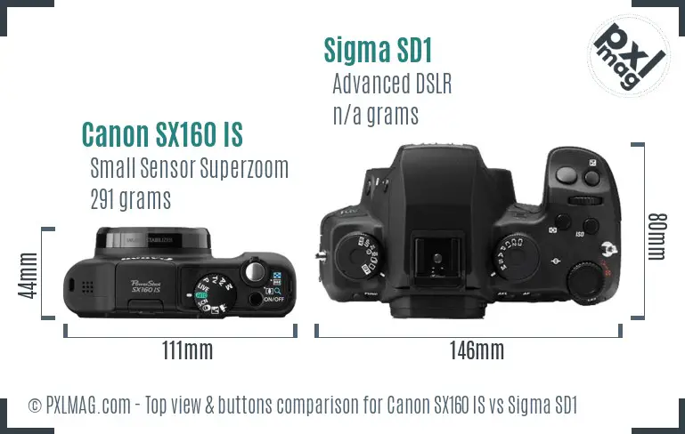 Canon SX160 IS vs Sigma SD1 top view buttons comparison Canon SX160 IS vs Sigma SD1 top view buttons comparison