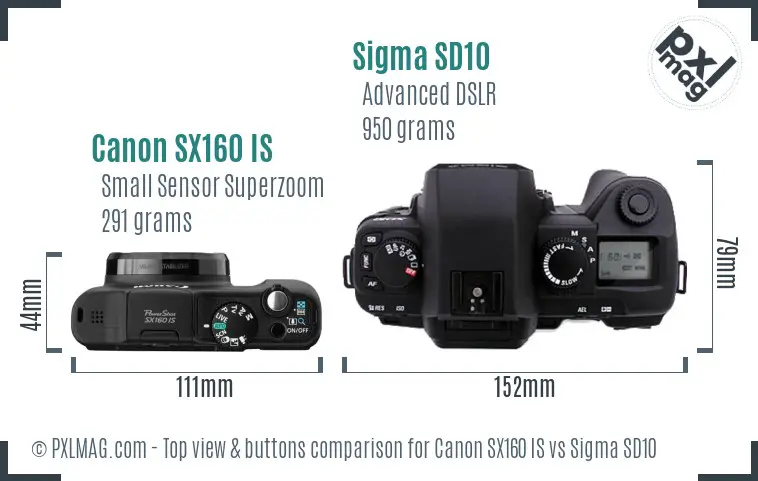 Canon SX160 IS vs Sigma SD10 top view buttons comparison Canon SX160 IS vs Sigma SD10 top view buttons comparison