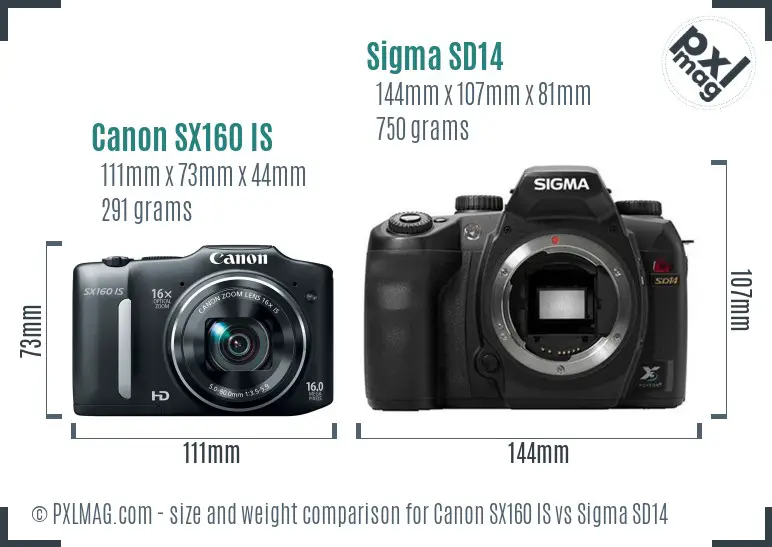 Canon SX160 IS vs Sigma SD14 size comparison