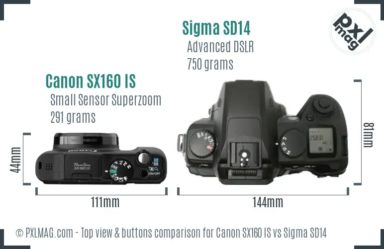 Canon SX160 IS vs Sigma SD14 top view buttons comparison