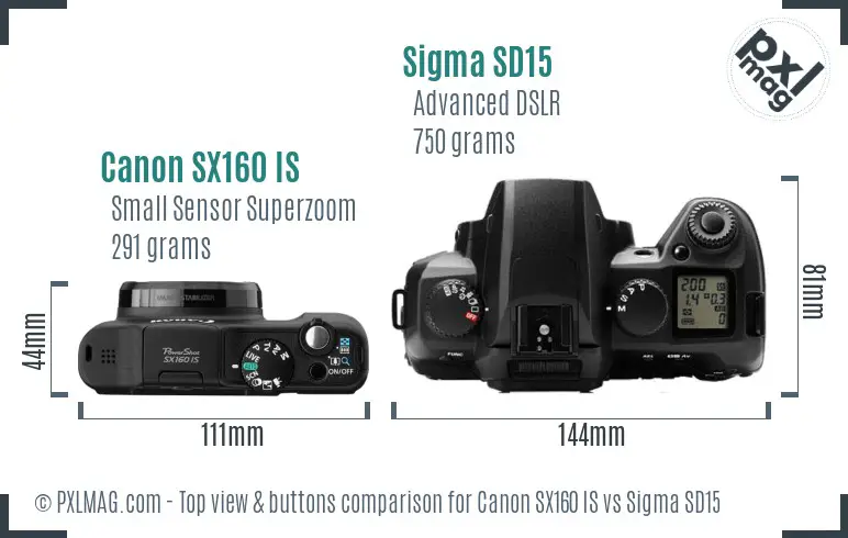 Canon SX160 IS vs Sigma SD15 top view buttons comparison