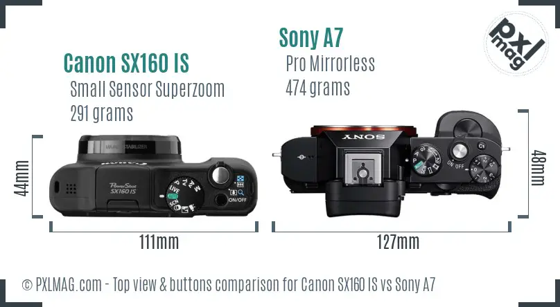 Canon SX160 IS vs Sony A7 top view buttons comparison Canon SX160 IS vs Sony A7 top view buttons comparison