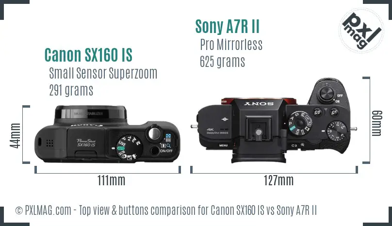 Canon SX160 IS vs Sony A7R II top view buttons comparison Canon SX160 IS vs Sony A7R II top view buttons comparison